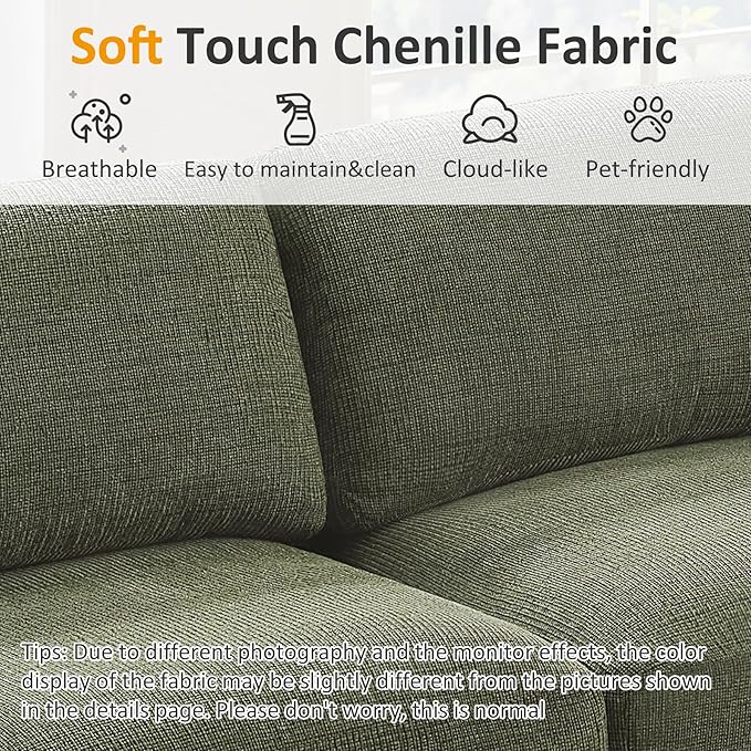 VANOMi 118 Convertible Sectional Sofa with Storage Ottoman Comfy 3 Seater Chenille Fabric Couch with Charging Ports &amp Cup Holders Modern L Shaped Couches for Living Room Apartment (Green)
