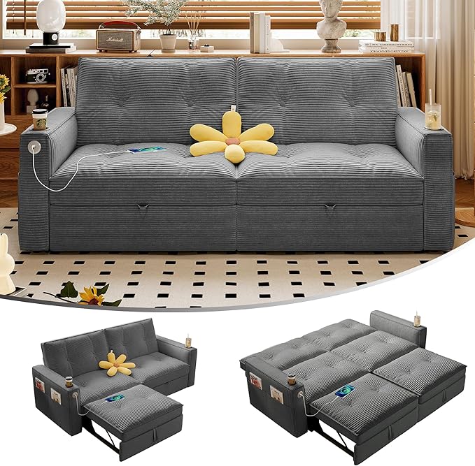 73.2 Pull Out Sofa Bed Corduroy Convertible Sleeper Couch Loveseat Chaise Lounge with Side Pockets &amp Cup Holder Pullout Futon Sofa Bed for Living Room Bedroom Small Spaces RV (Grey-)
