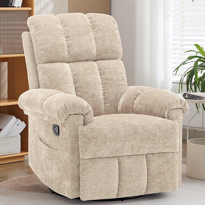 Recliner Chair Swivel Rocker Recliner Chair for Adults Small Recliners for Small Spaces Manual Recliner with Side Pockets Upholstered Nursery Rocking Chair for Living Room Chenille Khaki