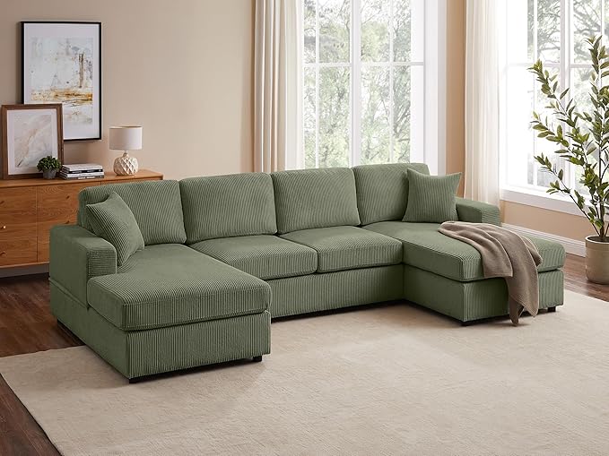VANOMi 118'' U Shaped Sectional Sofa Couch Corduroy Fabric Modern Cozy Jumbo Size 4-Seater Living Room Couch Double Chaise Longue Olive