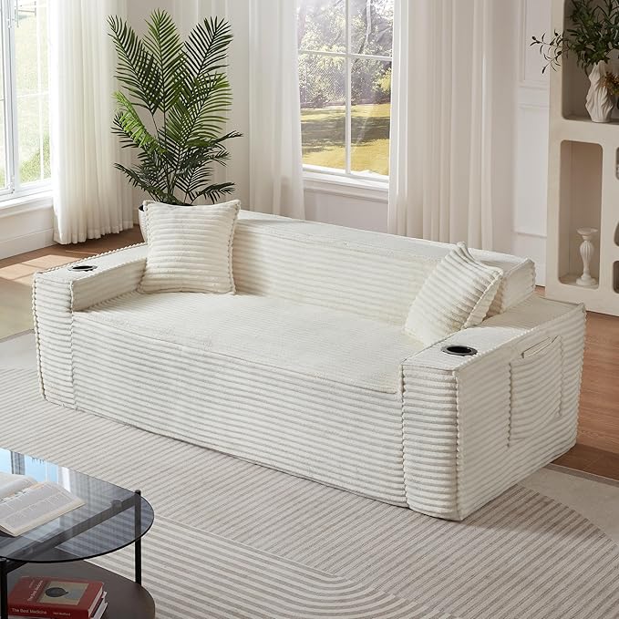 Boneless Sectional Sofa Couch with Cup Holders &amp Side Pockets Modern Corduroy Fabric Deep Seat 3-seat Cloud Couch for Living Room Office No Assembly (White)