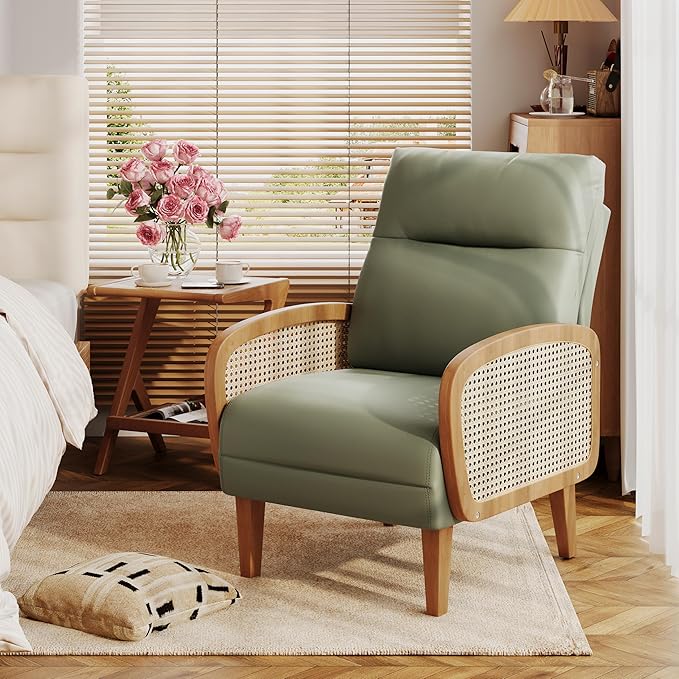 Andeworld Accent Chair Set of 2Upholstered Modern Living Room Chairs with Natural Rattan Arm Faux Leather Arm Chair with Wooden Legs for Bedroom Club Balcony Reception Green