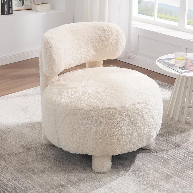 Upholstered Armless Chairs Modern Fur Accent Chair Cute Furry Chairs with Curved Backrest and Solid Wooden Legs for Living Room Bedroom Reading Room White