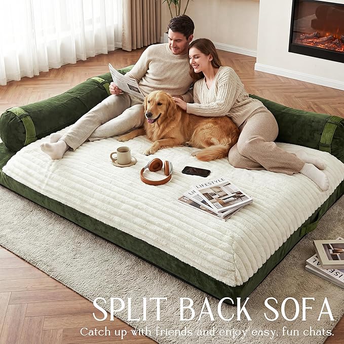 Floor Sofa Queen Sleeper Sofa Bed with Bamboo Backrest Velvet Upholstered Boneless Couch Floor Sofa Modular Futon Couch for Living Room Bedroom Lounge Green