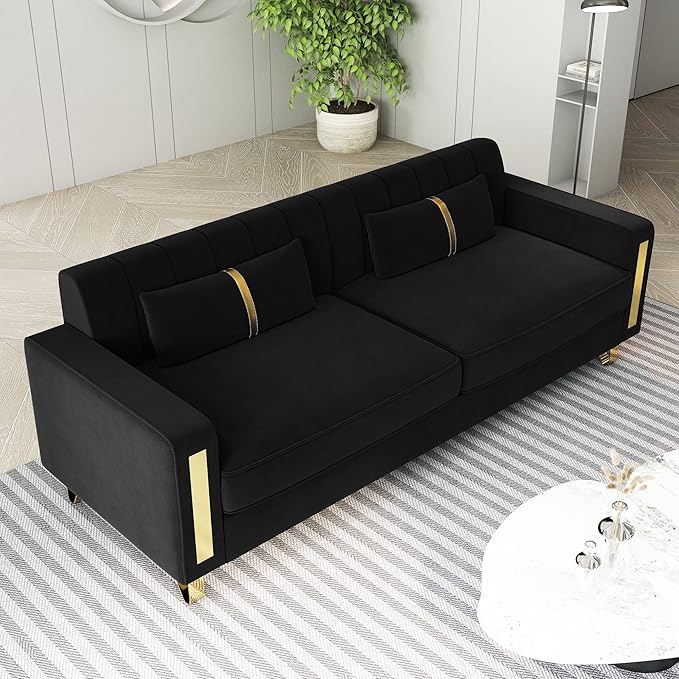 Modern Velvet Sofa Couch 86 Large Loveseat Sectional Sofa Couch with Gold Legs for 3-4 Persons Upholstered Deep Seat Love Seat Sofa Chaise for Living Room Office Apartment Black