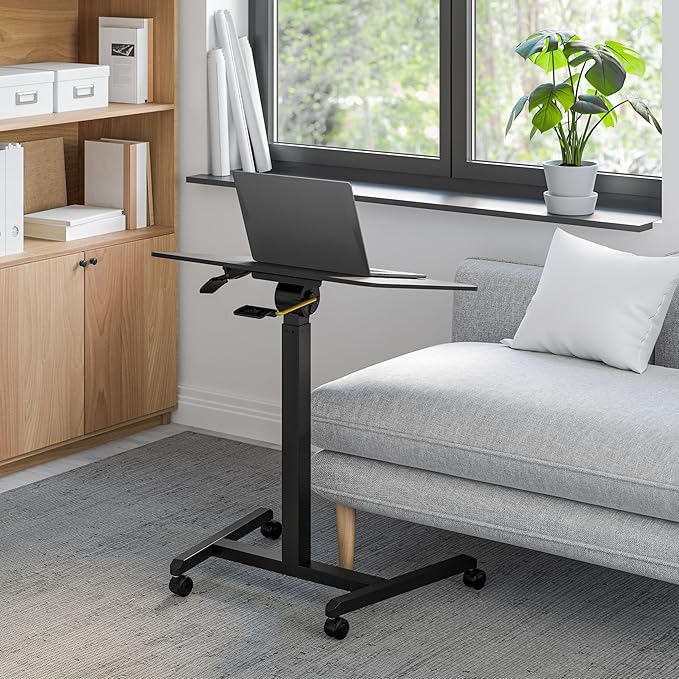 Seville Classics Airlift Height Adjustable Pneumatic Laptop Sit Stand Desk Mobile Rolling Cart Computer Workstation for Home Office Classroom Black 25.6 Tilting Desktop