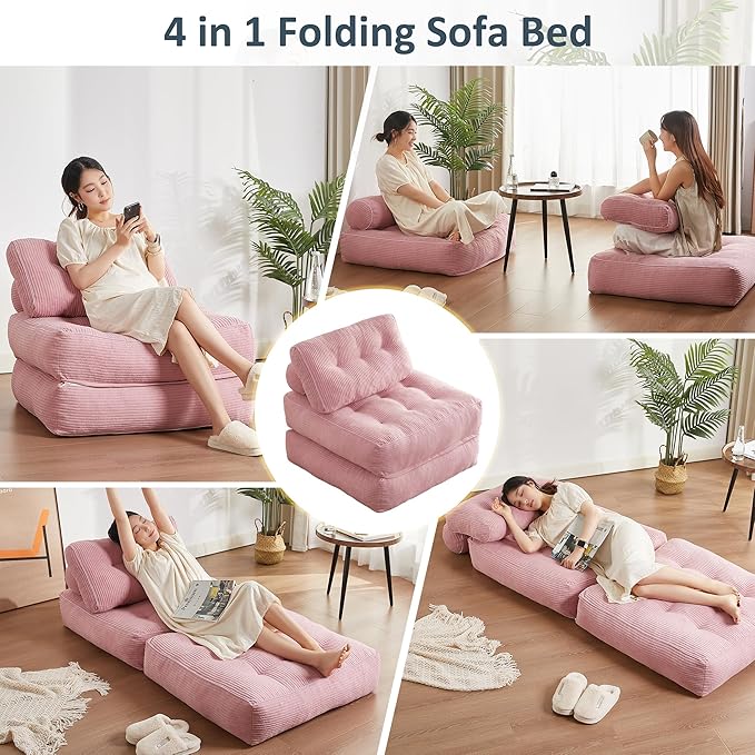 Folding Chair Bed Futon Sofa Bed Floor Couch for Adults Chair for Living Room Lounge Sofa Convertible Sofa Bed Small Couches for Small Spaces Pink