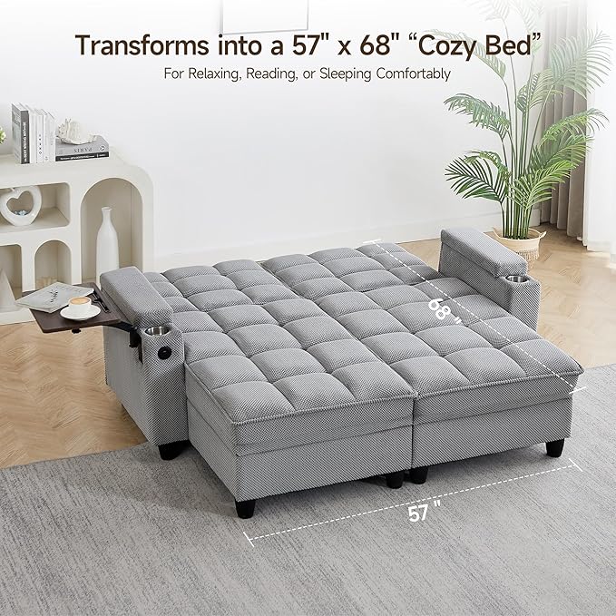 70.9'' Double Chaise Lounge with 360 Degree rotatable Side Table Comfy Corduroy Indoor Lounge Chair with Armrest Storage Cup Holder USB Port Pillow for Living Room (Light Gray)