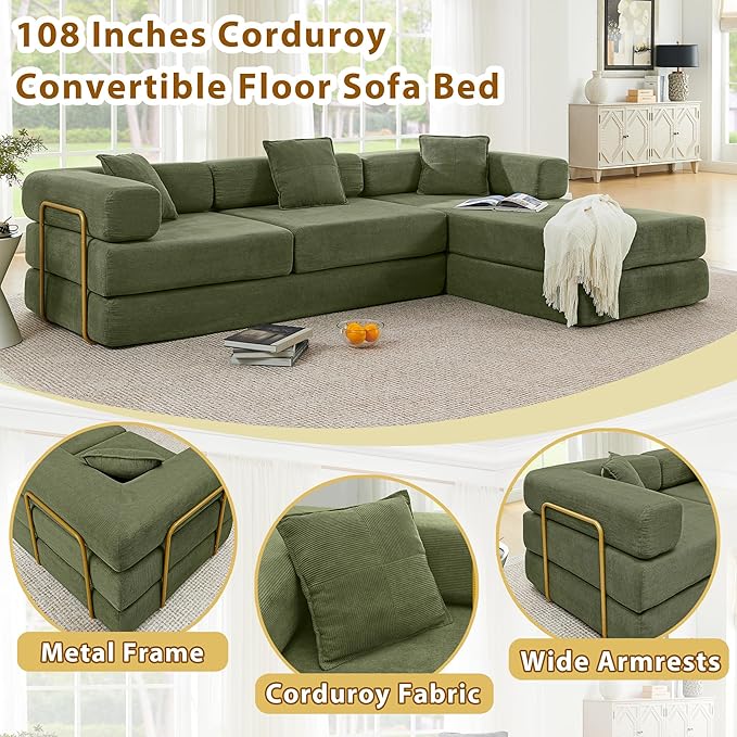 108 W Corduroy Modular Cloud Couch with Fixed-Shape Frame Oversized L-Shaped Sectional Sleeper Sofa Bed with Pull Out Bed No Assembly Modern Floor Boneless Couch for Living Room (Green)