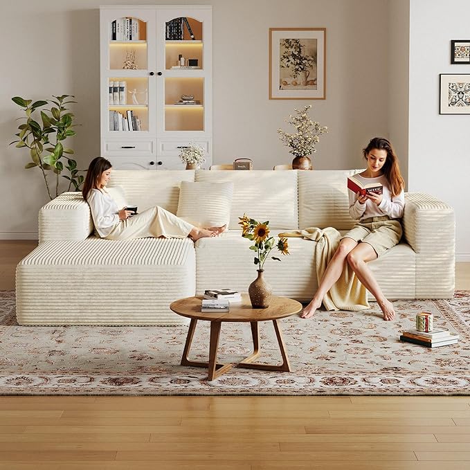 108'' Sectional Boneless Couches for Living RoomCloud Sectional Couch with L-Shape ChaiseModern Corduroy Modular Sofa with Deep SeatNo Assembly Required(Left Facing ChaiseBeige)