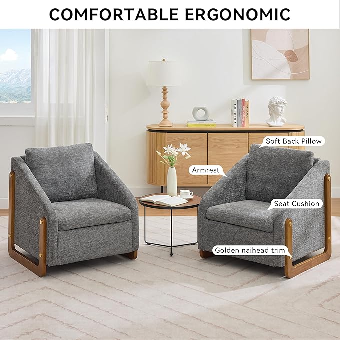 Modern Upholstered Living Room ChairsComfy Chenille Fabric Accent Armchair with Wooden Side FrameSoft Cushion Seat and Backrest Reading Sofa Chair for Bedroom Office (Gray Set of 1)
