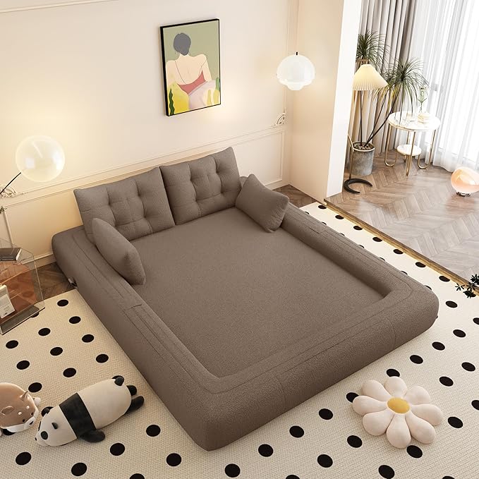 Polibi 78.7 Foldable Sofa Bed 3-in-1 Convertible Floor Couch Sleeper with Removable Teddy Fabric Cover &amp 4 Pillows – Multi-Functional Foam-Filled Sleeper for Living RoomNo Assembly Required (Br