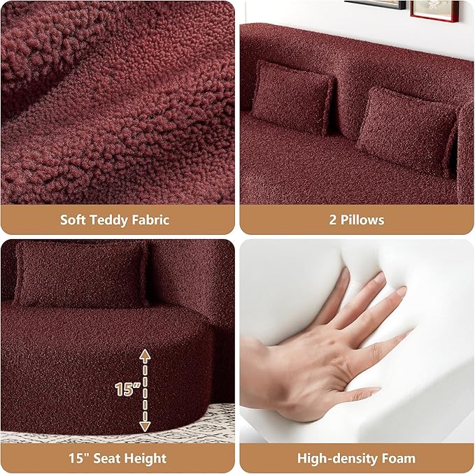 Aoowow Folding Sofa Bed 78” Convertible Sleeper Sofa with Pillows Modern Teddy Fabric Floor Loveseat Couch Comfy Foam Filled Couches Folding Mattress for Living RoomBurgundy