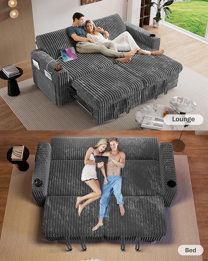 Sunny Heart 91 Plush Corduroy L Shaped Sectional Sleeper Sofa Bed with Pull Out Bed Reclining Backrest Reversible Storage Chaise USB Ports Cup Holders Tool Free Assembly Darke Grey