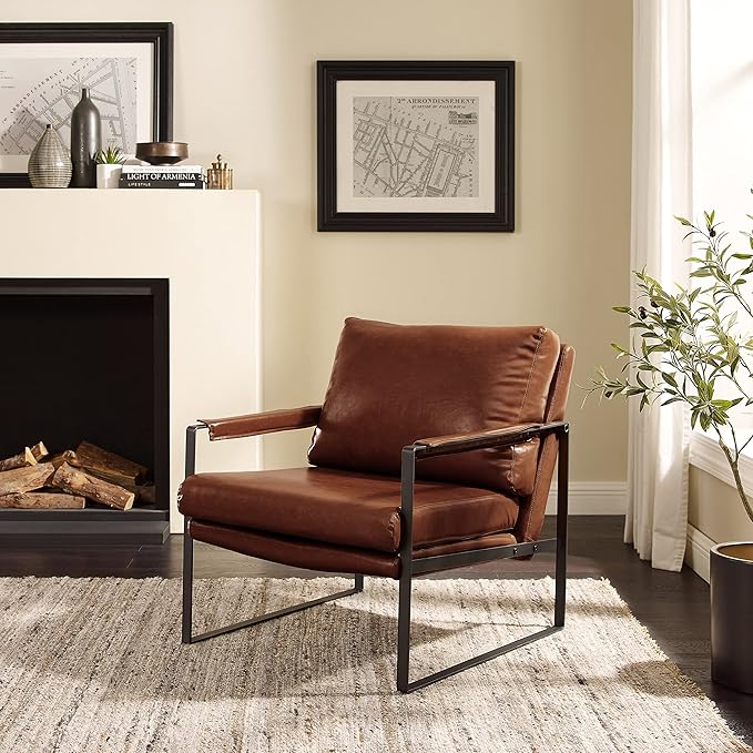 Art Leon Chairs for Bedrooms Set of 2 Mid Century Modern Chair Faux Leather Accent Chair for Living Room Chair Lounge Chair with Black Metal Legs Red Brown
