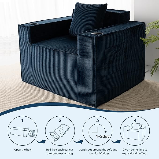 Cloud Single SofaChaise Lounge Chair with Cup Holder &amp Side PocketElevated Seat HeightNo Assembly RequiredBoneless Corduroy Chair for Small SpaceBedroomOffice (Blue Single Sofa)