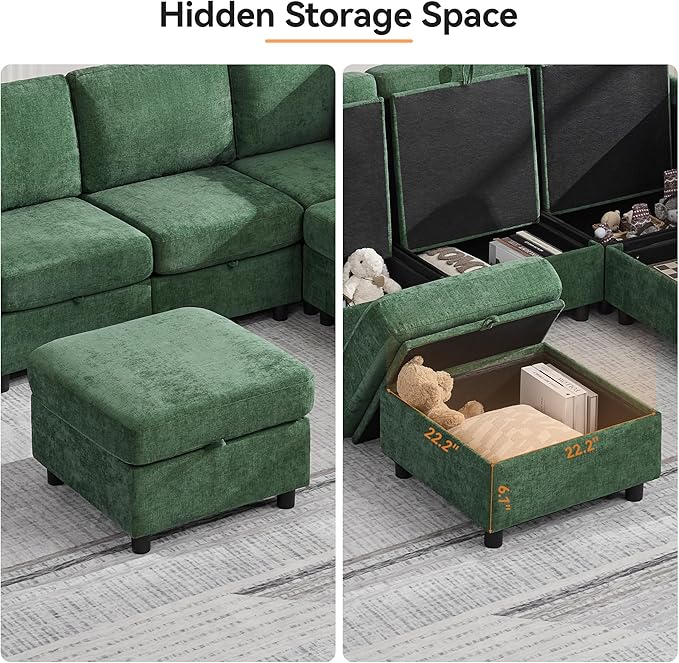 25”Square Storage Ottoman Module for Modular Sectional Sofa Living Room Coffee Table Sectional Ottoman Footrest for Convertible Couch Chenille Dark Green