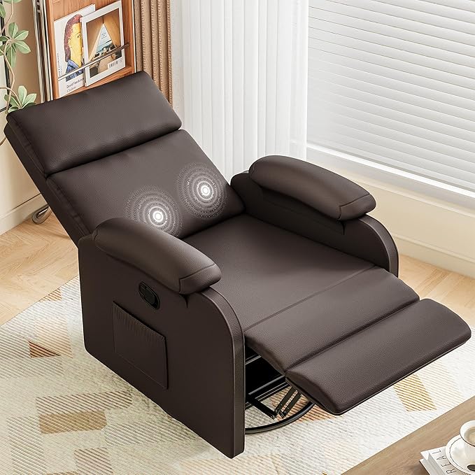 Homall Recliner Chair 360 Swivel Rocking Chair for Adults Massage Nursery Chair with Adjustable Backrest and Footrest PU Leather Glider Rocker Recliners with Side Pocket for Living Room (Brown)