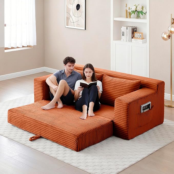 73 Convertible Sofa Bed 2 in 1 Corduroy Folding Couch with Pillows No Assembly Boneless Compression Sofa in Box Loveseat with Side Storage Pocket for Apartment Living Room Orange