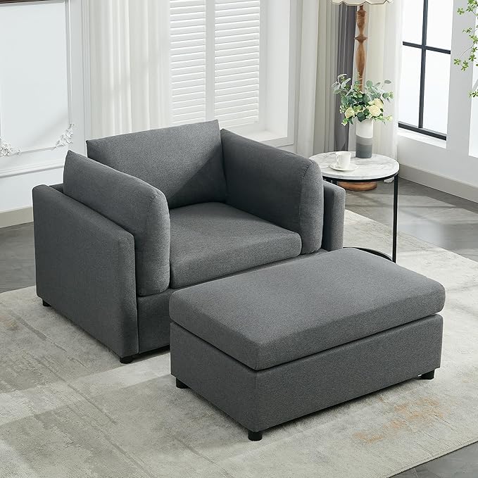 Modern Chenille Oversized Armchair with Ottoman 50.4 Wide Accent Chair Luxurious Linen Fabric Single Sofa Chair with Pillows and Wide Armrests Living Room Apartment Offices (Dark Grey-50.4'')