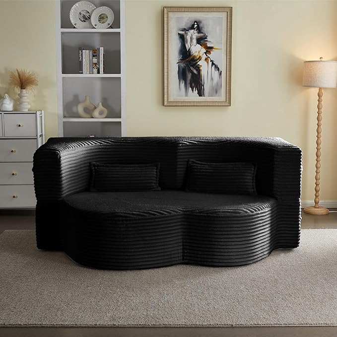 2 in 1 Folding Floor Couch Sofa Bed with 2 Pillows Convertible Sleeper Sofa Modern Full Mattress for Living Room Guestroom Plush Corduroy Floor Sofa BedNo Assembly RequiredBlack