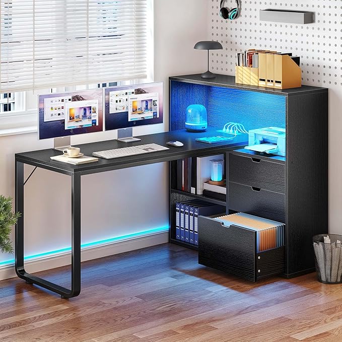 YITAHOME L Shaped Desk with Power Outlets &amp LED Lights &amp File Cabinet 55 Corner Computer Desk with 3 Drawers &amp 3 Storage Shelves Home Office Desk with Bookshelf Black