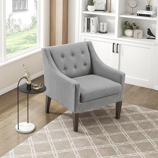 Lexicon Living Room Accent Chair Textured Fabric Upholstered Arm Chair with Button Tufted Back Sloped Arms and Wooden Legs Gray