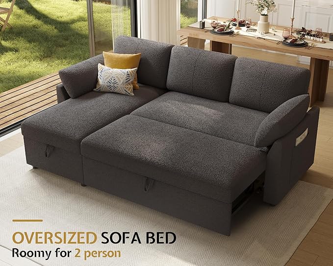 Jocisland Sofa Bed L Shaped Sleeper Sofa with Storage Chaise Pull Out Sofa for Living Room Guest Room Apartment Grey Boucle Couch