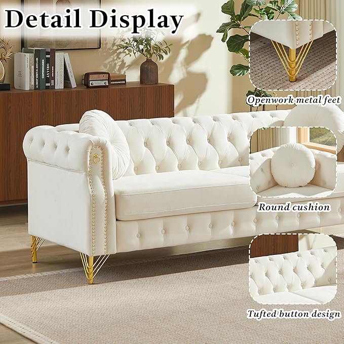 2 Pieces Beige Velvet Chesterfield 82 3-Seater Sofa Sets with Two Pillows Featuring Copper Stud Detailing (Beige 2 Pieces 82 3-Seater Sofa Sets)