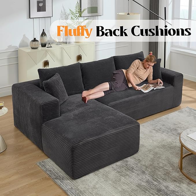 108.7'' Sectional CouchL Shaped CouchPlush Corduroy FabricUpholstered Couches for Living Room BedroomNo Assembly Required(Left Facing Chaise) Grey