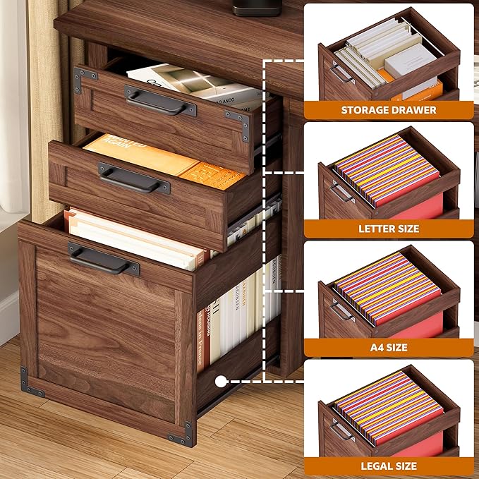 Farmhouse Office Desk with Power Outlet &amp Monitor Stand 63'' Home Computer Desk with 2 Drawers File Cabinet Storage Cabinet Executive Desk for Work Study Writing Gaming Walnut