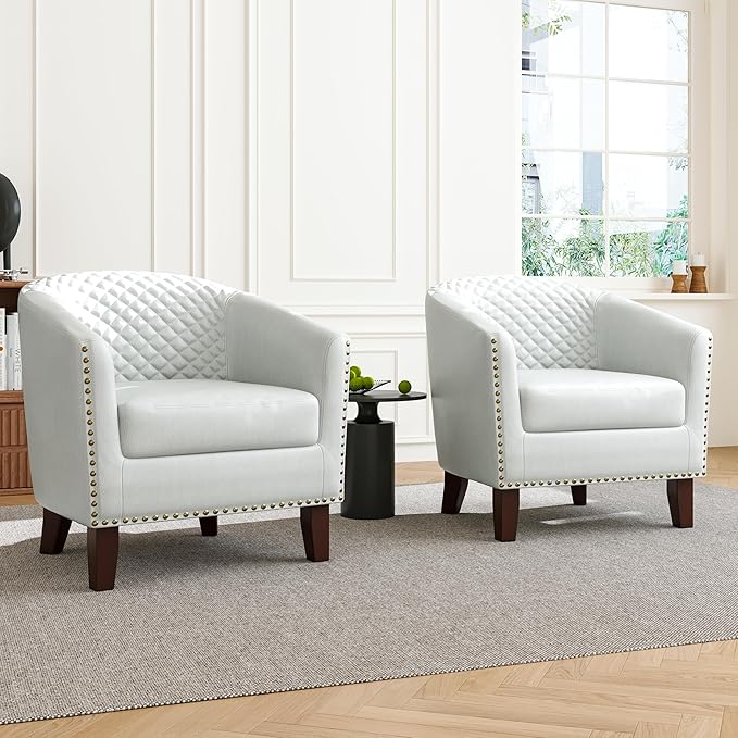 Accent Barrel Chair Upholstered Faux Leather Club Chair with Nailed Trim Comfy Reading Armchair for Living Room Bedroom Reception Room Office (White Set of 2)