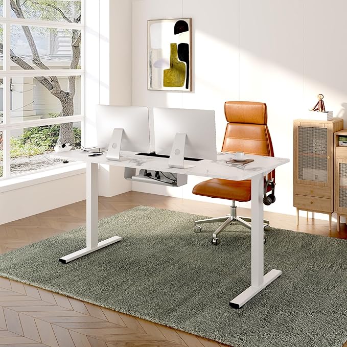 FLEXISPOT EN2 Whole-Piece Standing Desk with Clamp Power Strip 48 x 30 Electric Stand Up Height Adjustable Desk with Cable Management (White Frame + 48 Marble Gray Top 2 Packages)