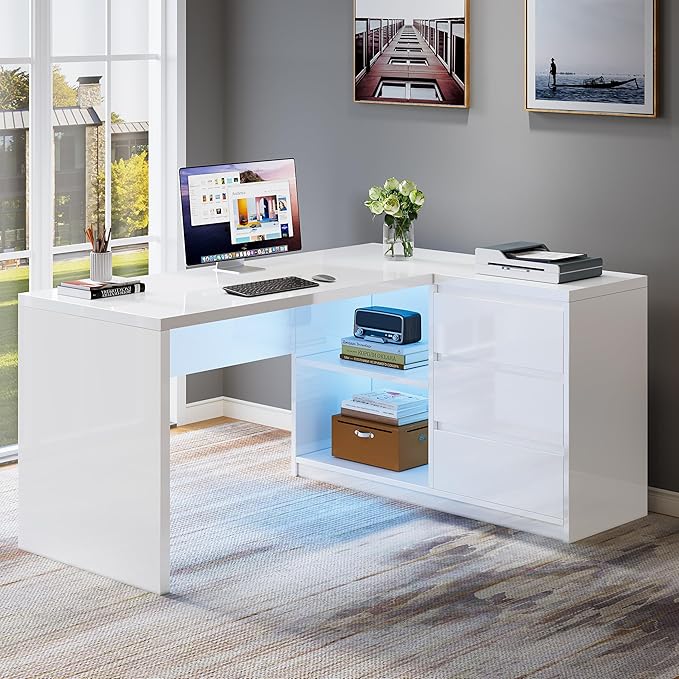 Tribesigns White L-Shaped Computer Desk with 3 Drawers 55-Inch Modern Gloss Corner Home Office Executive Desk with LED Lights and 2 Storage Shelves for Work Study Writing