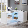 Tribesigns White L-Shaped Computer Desk with 3 Drawers 55-Inch Modern Gloss Corner Home Office Executive Desk with LED Lights and 2 Storage Shelves for Work Study Writing