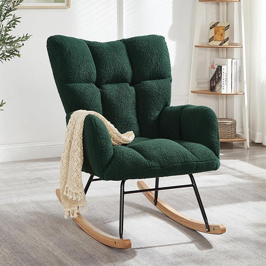 Setawix Upholstered Rocking Chair with Arms for NurseryTufted Rocker Glider ChairsTeddy Fabric Rocking ArmchairMid Century Modern Accent Chairs for Living RoomBedroom (Teddy Green 27.2)