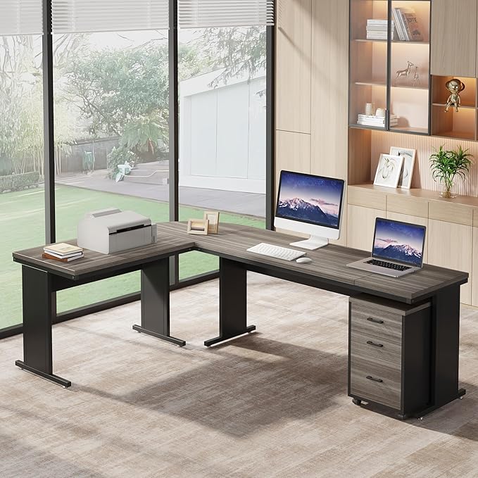 Tribesigns 83 L-Shaped Executive Desk Reversible Modern Office Desk with Drawers &amp Rolling File Cabinet Large Corner Computer Desk Business Workstation for Home Office (Gray)