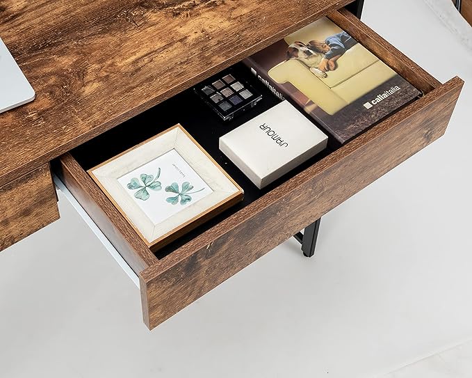 ERGOMASTER Home Office Desk with Drawers Black Modern Wood Desk Laptop Writing Computer Room Work Table for Bedrooms (44 Rustic)