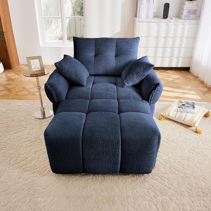 Aoowow Modular Sectional Sofa Chair with Movable Ottoman 47” Modern Chenille Single Seater Sofa Upholstered Sofa Couches for Living Room Apartment BedroomBlue