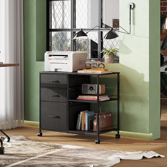 DEVAISE 3 Drawer Mobile File Cabinet Rolling Printer Stand with Open Storage Shelf Fabric Lateral Filing Cabinet fits A4 or Letter Size for Home Office Black