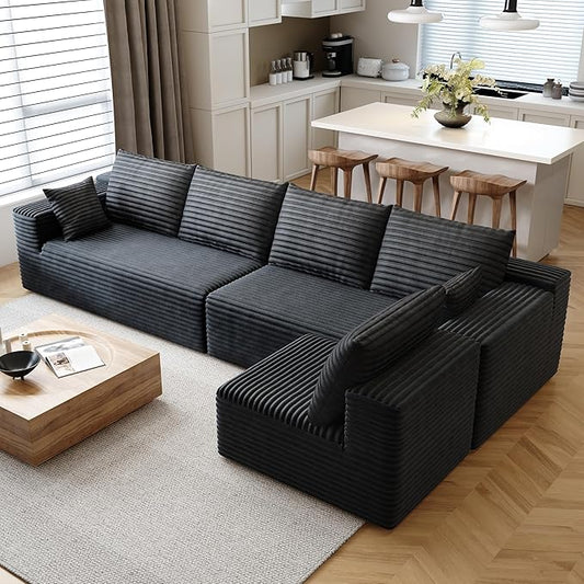 139.4 L Shaped Cloud Sectional Sofa for Living Room Plush Corduroy Cover Fluffy Memory Foam Cushions No Assembly Required Modular Chaise Lounge Oversized Comfortable Couches Set Black