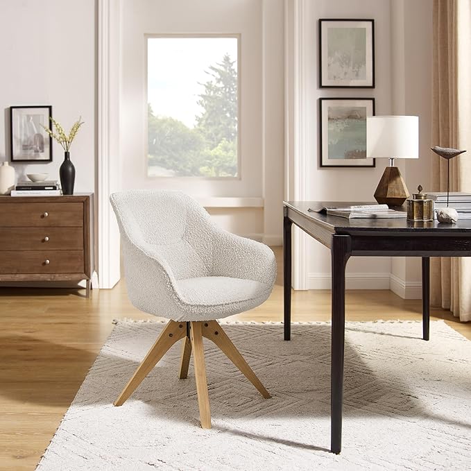 Art Leon Swivel Accent Chair - Mid Century Modern Desk Chair No Wheels Boucle Fabric Upholstered Armchair with Natural Oak Wood Lges White