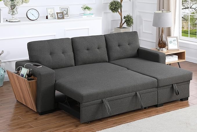 Ball &amp Cast L-Shape Reversible Sectional Sleeper Sofa Bed 4 in 1 Pull Out Couch with Storage Chaise USB Ports &amp Cup Holder Convertible Sleeper Corner Couch Pull-Out Sofa Bed for Living Room Of