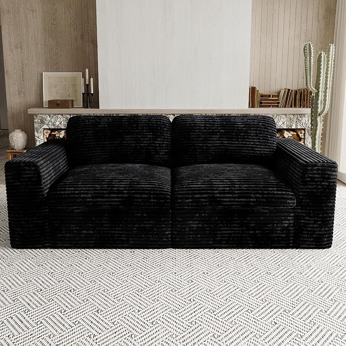 Boneless Loveseat Sofa Plush Corduroy Sectional Couch with Deep Seat Modular Cloud Sectional Couches for Living Room.Black Sofa.