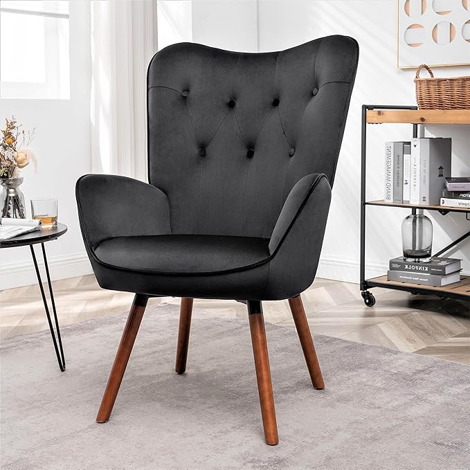 Chic Accent Arm Chairs for Living Room Bedroom or Home Office Button-Tufted Midcentury Armchair with Wingback Design and Splayed Legs Black
