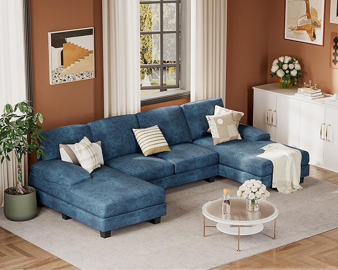 JUMMICO Sectional Couches for Living Room U Shaped Couch with Chenille Fabric 4 Seat Modern Sofa with Removable Pillows for Apartment and Small Space (Fabric Blue)