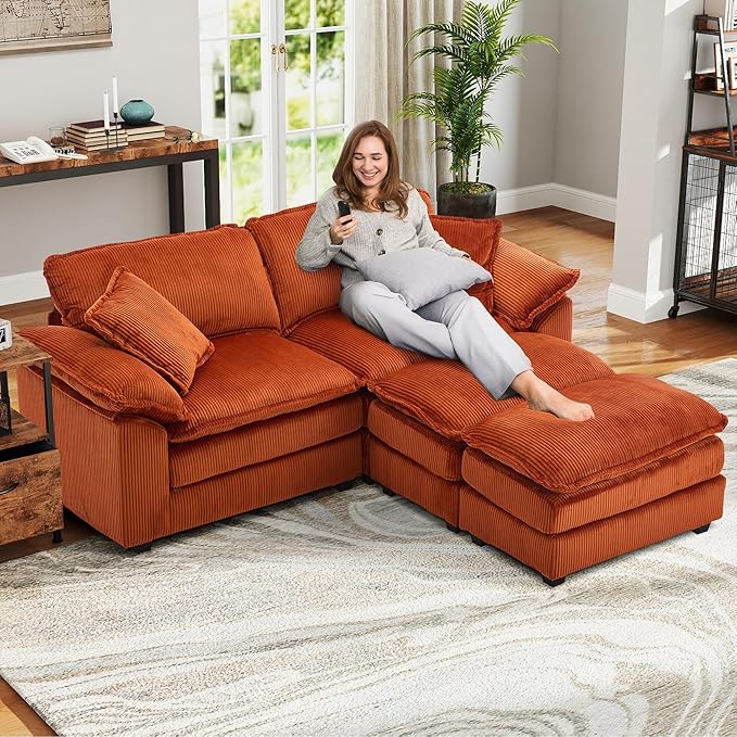80.5'' Modular Sectional Sofa Cloud Couch for Living Room Modern Corduroy Double Layer Upholstered Loveseat Sofa Comfy Sleeper Sofa with Ottoman 2 Pillows and Detachable Armrest Orange