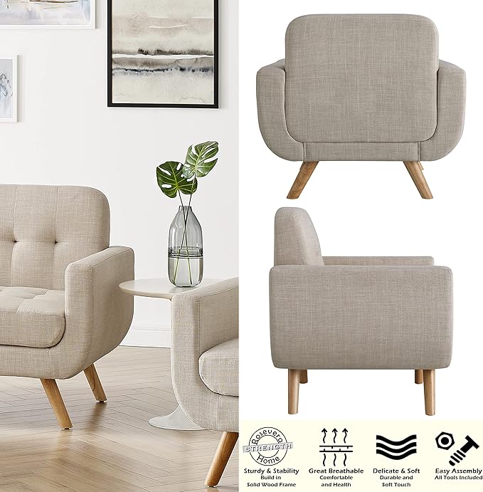 Rosevera Elena Contemporary Accent Armchair with Linen Upholstery Living Room Furniture Natural