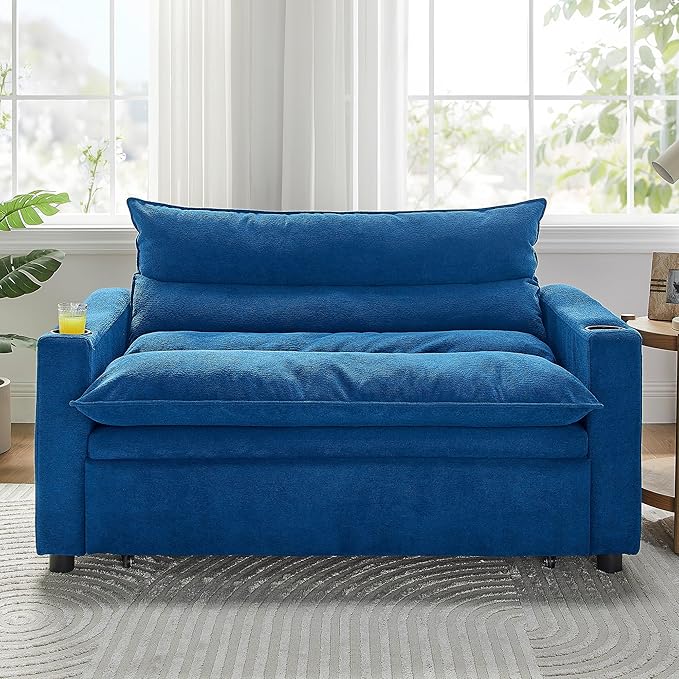SLEERWAY 3 in 1 Convertible Sleeper Sofa Bed 56.3 W Easy Pull Out Couch Bed with Dual Cup Holders Comfy Thick Padding Futon Loveseat with Adjustable Backrest for Living Room Small Space (Blue)