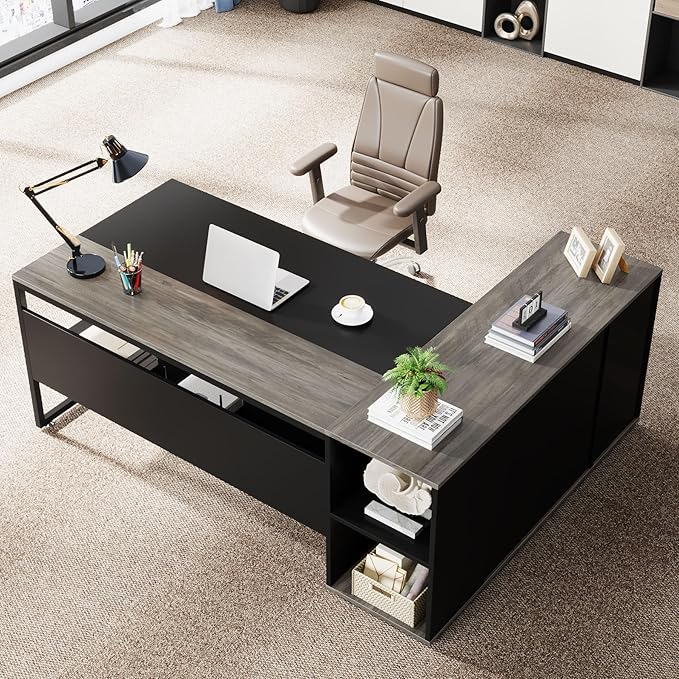 LITTLE TREE Large Executive Desk with File Cabinet 71 inch L Shaped Computer Desk Office Desk with Drawers and Storage Shelves Business Furniture Desk Workstation for Home Office Grey